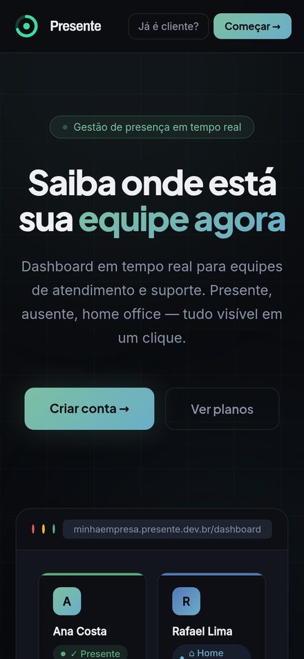 O mesmo sistema num celular em pe, com os cartoes da equipe em duas colunas.