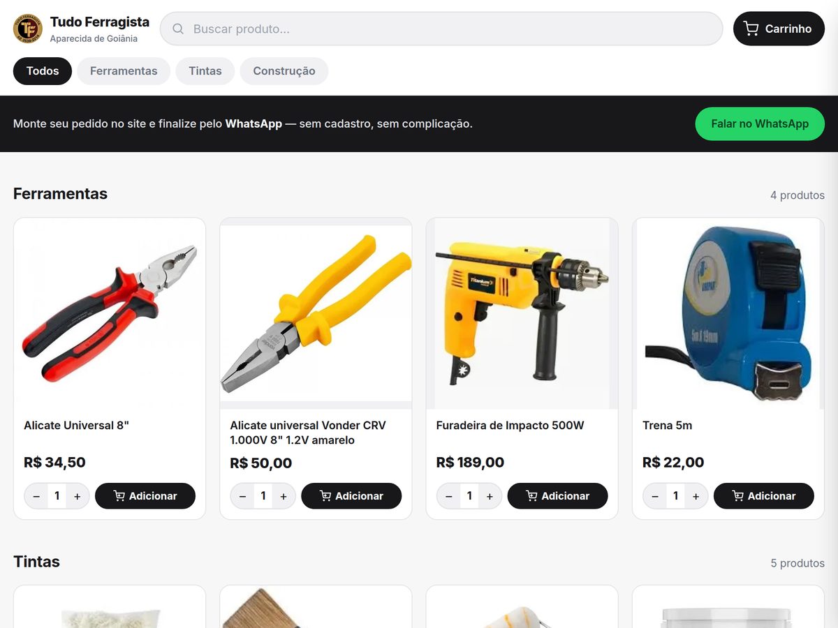 A loja Tudo Ferragista num tablet deitado, com quatro produtos por linha.